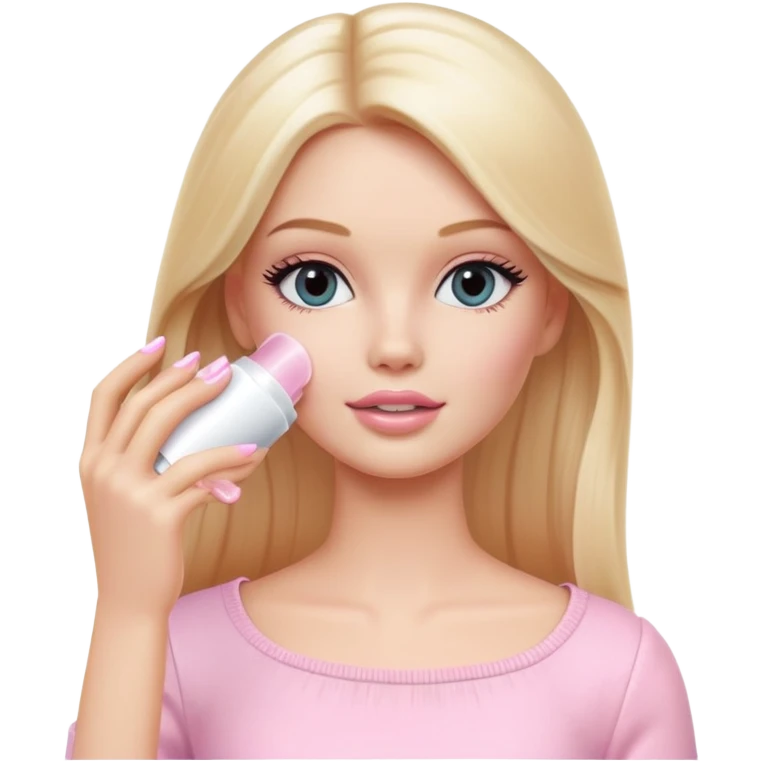 A white Barbie girl with long blonde straight hair in pale pink clothes smears by hand cosmetic cream on her face emoji