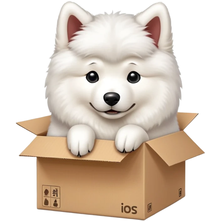  A very cute young Samoye  with one's head tilted to one side poked its paws out of the cardboard big box and placed them on top of it emoji