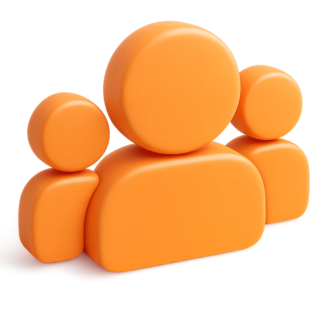 Maintain the silhouette of three people with a strong 3D effect, front view, solid shape without borders. The main color is orange #fe6601, with the 3D dimension (shadows and volumes) in purple #7f0ddb. Transparent background. emoji