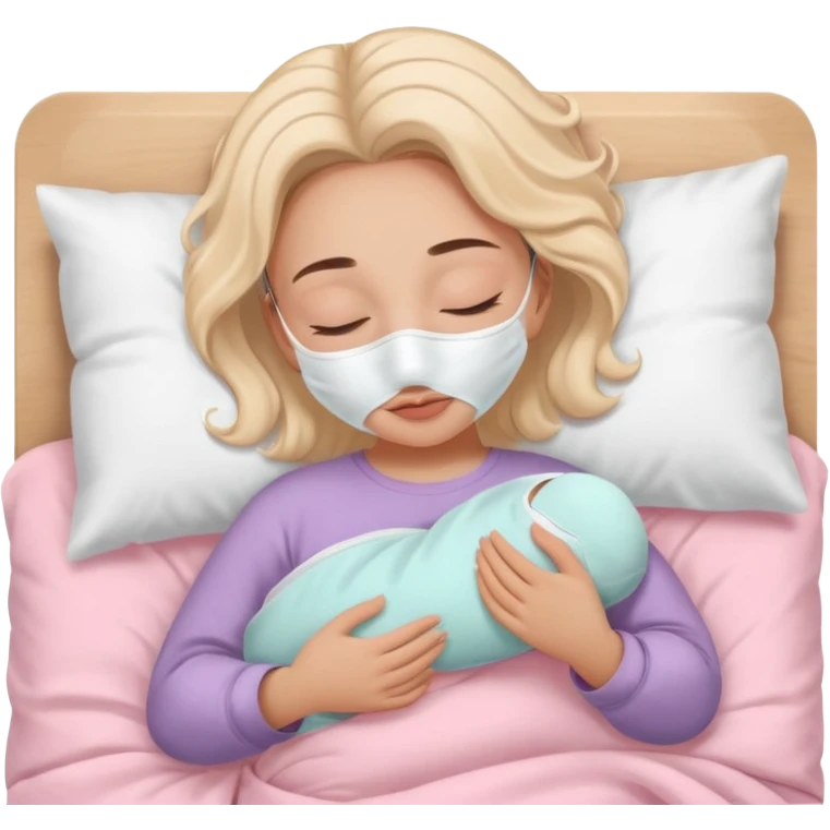 Girl sleeping peacefully with a white beauty face mask on, self care routine. baby pink bedding  emoji