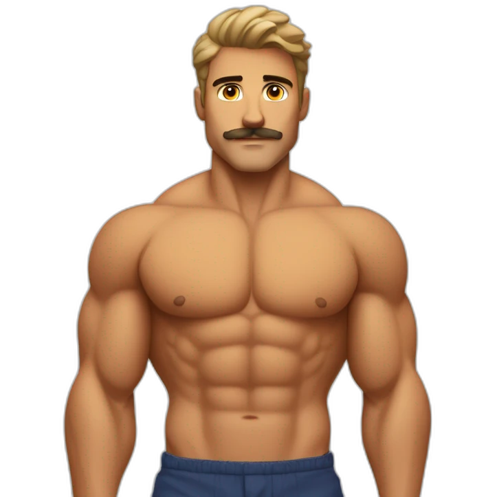  lifeguard guy, tanned, chest hair, simple mustache and hyper muscular pecs emoji