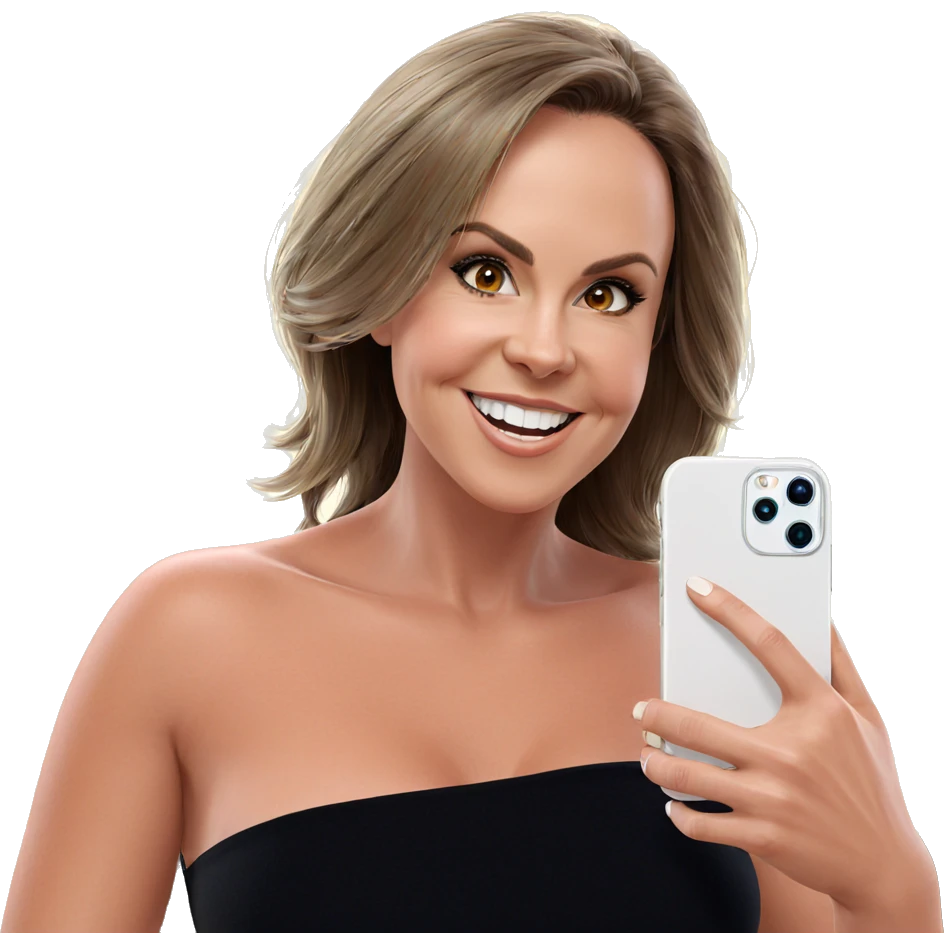 smiling girl with cellphone emoji