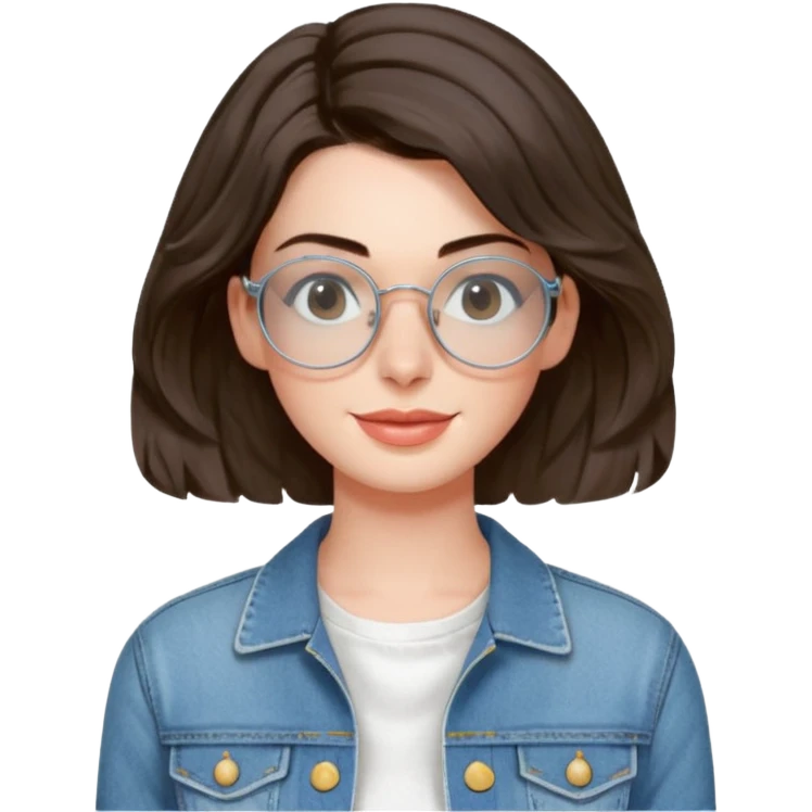 Anne Hathaway with wire-rimmed circle glasses and short wavy hair, wearing scoop neck white dress and a denim jacket emoji