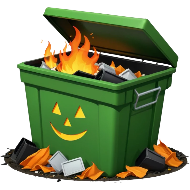 Green dumpster with a black partially open lid. surrounded by pieces of trash on the ground arount it. orange flames are buring lare an bright inside the dumpster. dumpster is smiling emoji