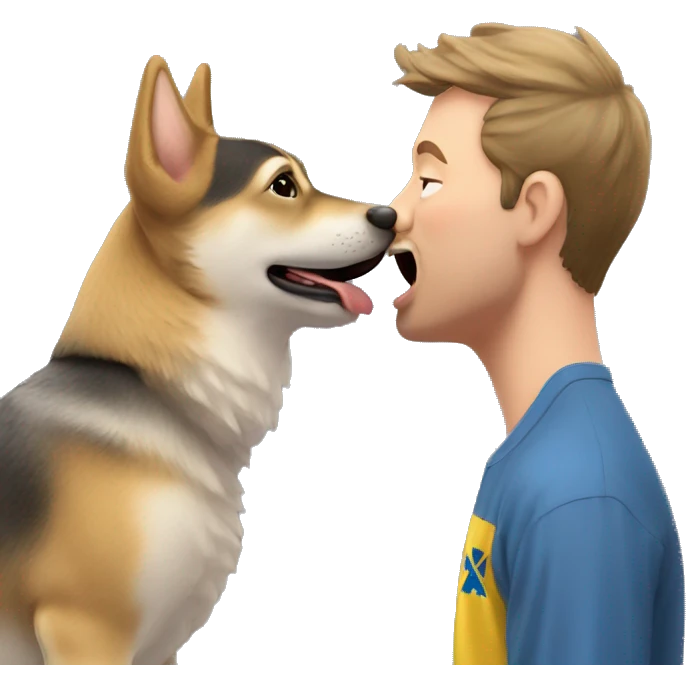 A Swedish Vallhund kiss a man emoji