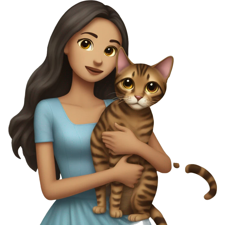 Beautiful skinny woman long dark brown hair in dress hug bengal cat emoji