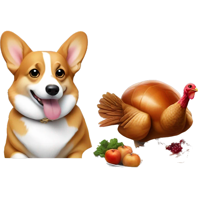 A corgi and a turkey sitting at a fancy table emoji