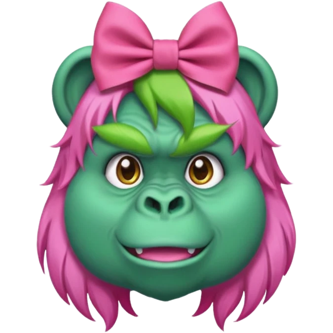 green haired gorilla head with pink hair bow, no text, facing slightly right emoji