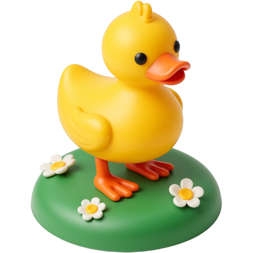 A toy duck standing on a green plot / base with small flowers emoji