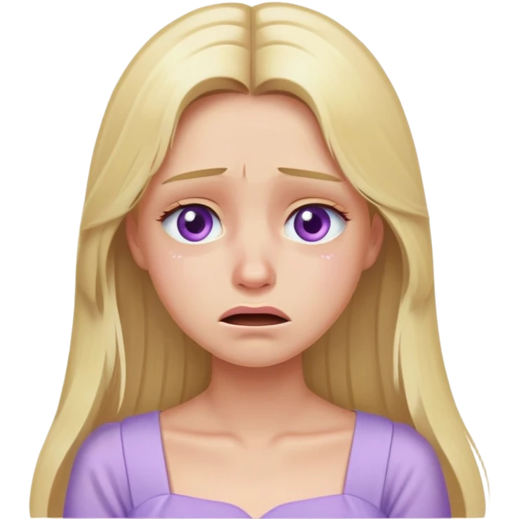crying face blonde model, hazel eyes, sleek long hair, pastel purple dress emoji