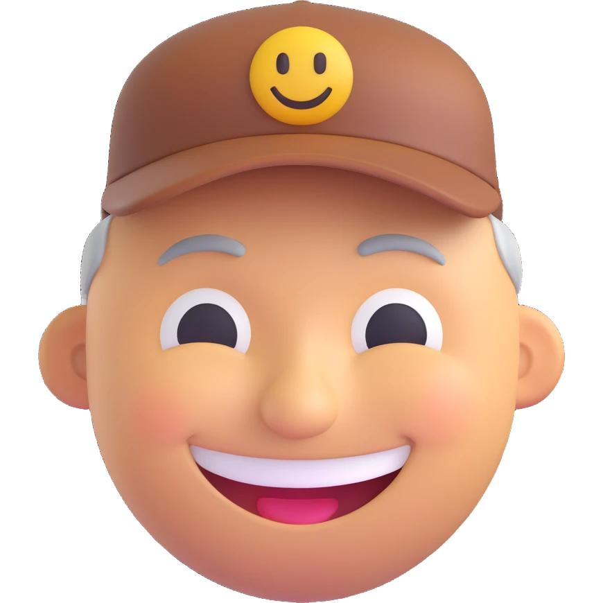 3D smiley emoji, round shape, grandfather with cap, brown color, smiling face emoji