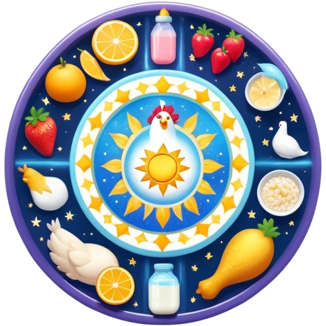 Magical daily fitness nutrition schedule with ethereal water bottle, celestial sun, enchanted chicken and rice plate, mystical gym equipment, glowing yogurt, sparkling fruits, and dreamy sleep symbol, all arranged in a cosmic circle with starry aura emoji