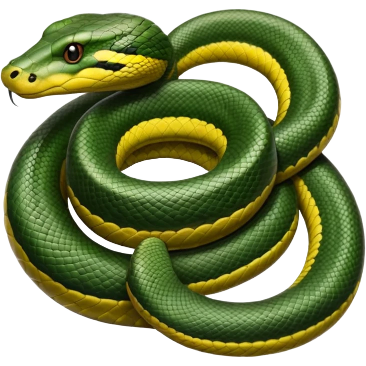 A photo-realistic top-down view of a Green Anaconda tightly coiled in a spiral, with its broad, flat head resting at the center. Its olive-green body is thick and muscular, patterned with symmetrical, bold black oval spots that flow along its smooth, glossy scales. emoji