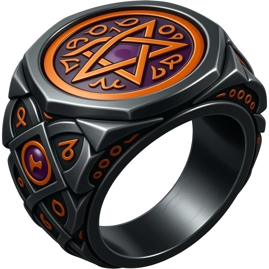 Umbra pontifex, a role that represents leadership and power. I need a ring that represents dark magic, using orange and purple as a color scheme. I wan embossed details to represent mysterious occultism emoji