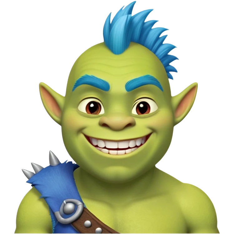 Shrek with a blue mohawk smiles a toothless smile emoji