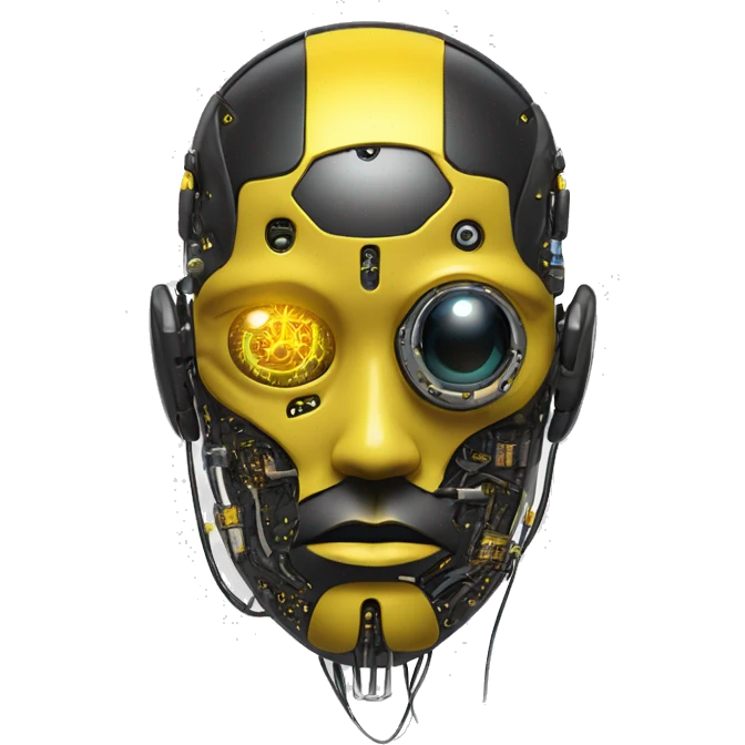 black and yellow cyborg head with circuitry, one artificial eyeball, and yellow goatee emoji