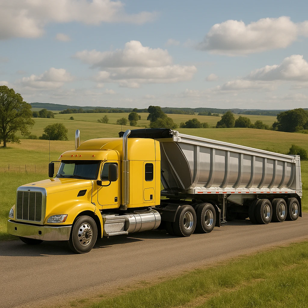realistic yellow sleeper semi truck with a large end dump trailer in a country landscape emoji