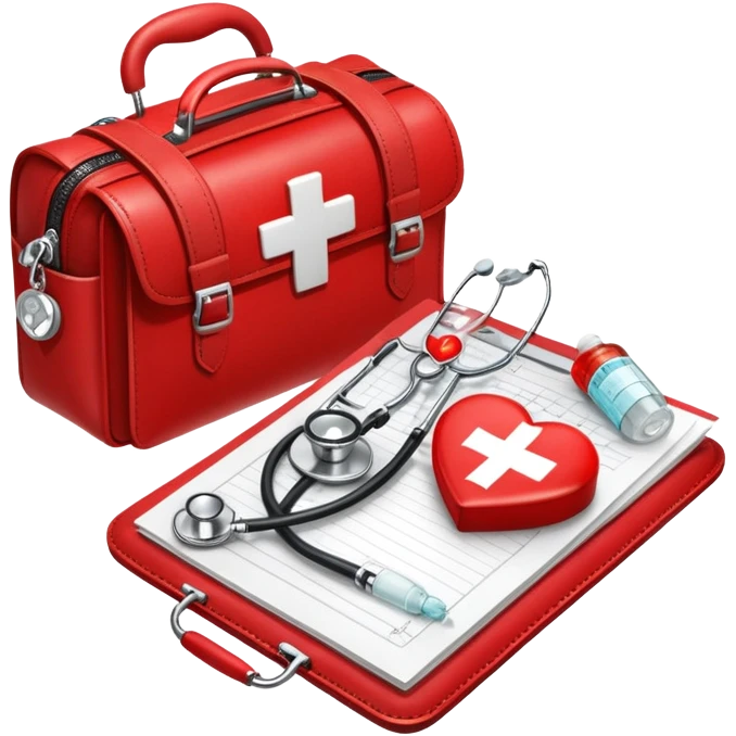An icon featuring a medical bag with a red cross, a stethoscope, and a syringe, symbolizing medicine. The design includes pills, a heart monitor, and a clipboard with patient notes, representing healthcare, diagnostics, and treatment. Transparent background highlights the science of medicine. emoji
