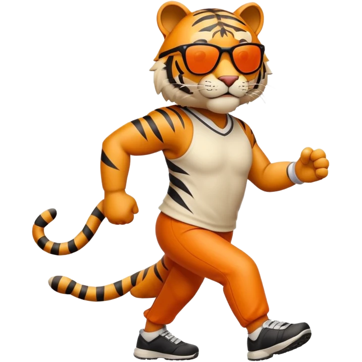 energetic anthropomorphised tiger in sports clothes, wearing dark sunglasses, walking upright emoji
