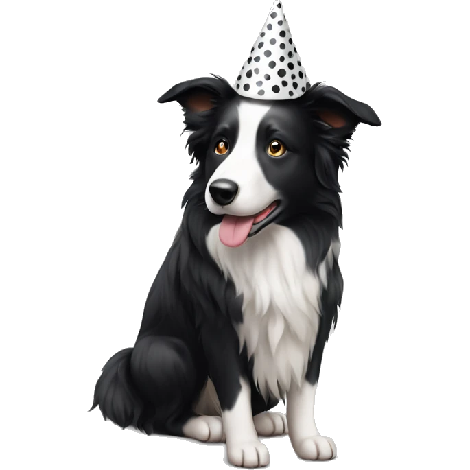 A black and white Border Collie with black spots wearing a party hat.   emoji