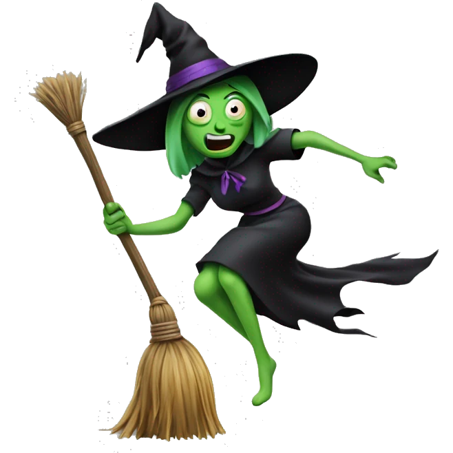 Scarry witch, flying to the left on only one broom. Transparent background emoji