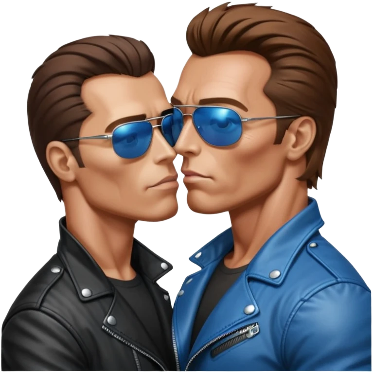 парень похожий на хилого Шварценегера-терминатора в косухе и очках-терминаторах целуется с высоким мужчиной шатеном с голубыми глазами кривым носом и косыми глазами. emoji