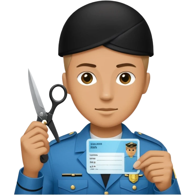 Floating black Scissors cutting in half a light blue idf soldier ID card with golden chip in 2 parts .hyper realistic emoji