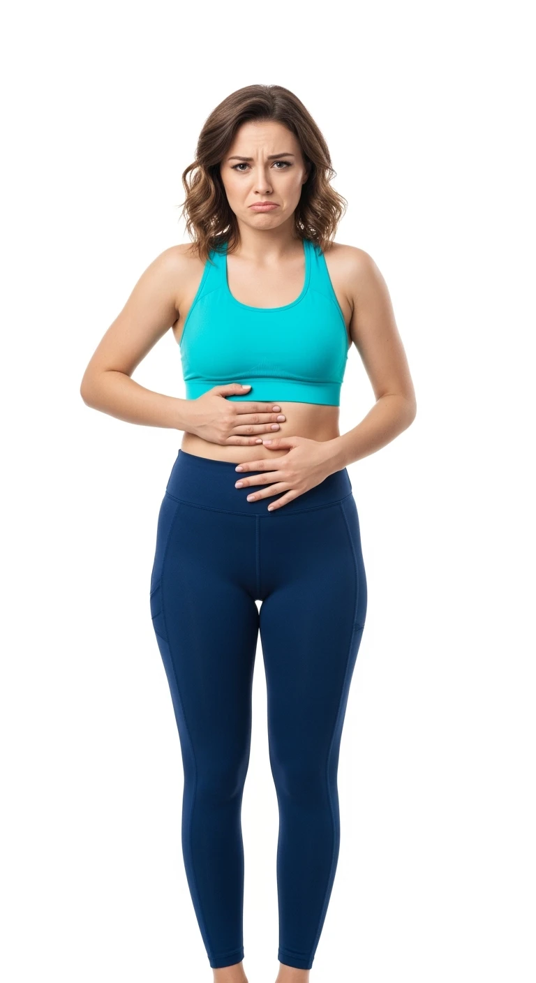 DONNA fitness CHE SI TOCCA LA PANCIA CON ESPRESSIONE DISPIACIUTA IN VOLTO PERCHé DEVE DIMAGRIRE, ISOLATO SU SFONDO BIANCO emoji