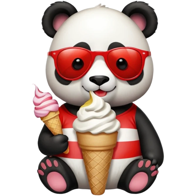Panda with sunglasses that eat one ice cream with a stripe red and white t-shirt emoji