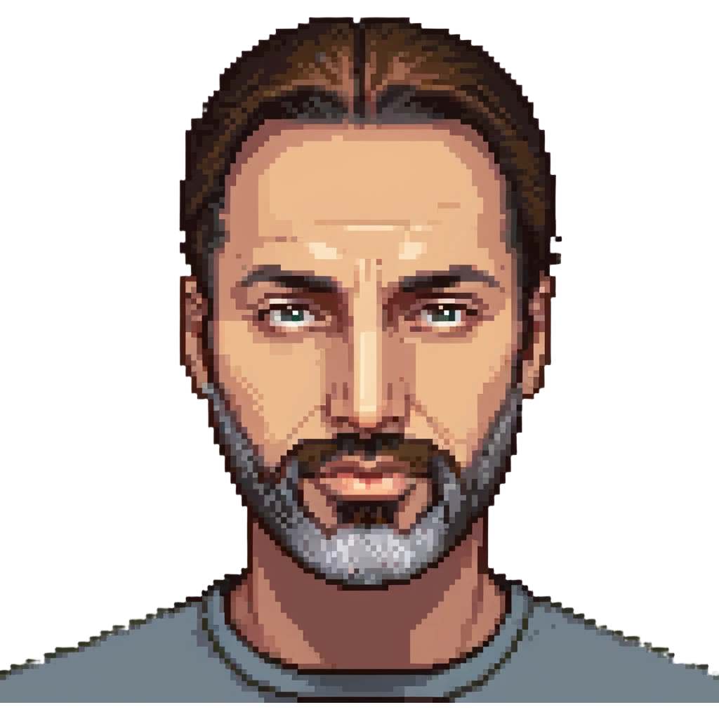 45-year-old man, brunette, hair slicked back, symmetrical facial features, medium nose, strong chin, espagnol beard emoji