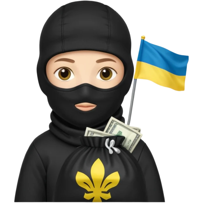 создай украинца в черное одежде и черной балаклаве с большим мешком денег на котором есть флаг страны в руках emoji