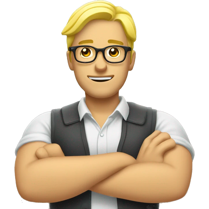 man crossing his arms in front of him in the 'prohibited' gesture. the man has blonde (yellow) hair, and he is wearing reading glasses. emoji