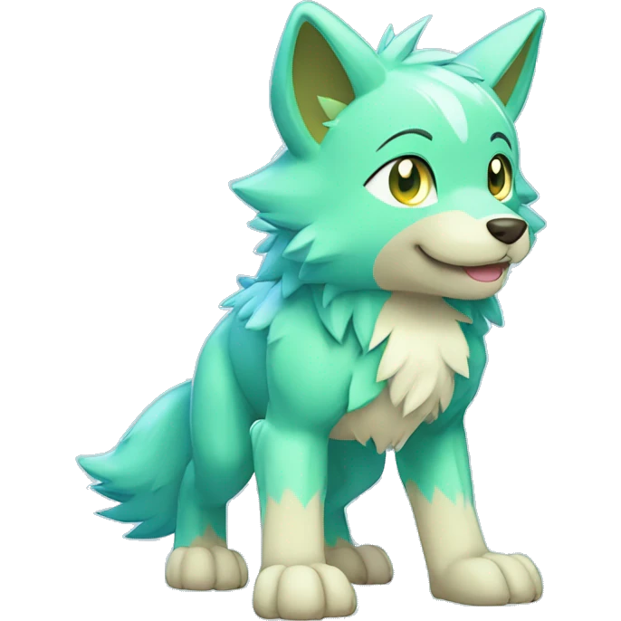 Cute Shy Shiny Light-Green Fakémon-Wolf-Pokémon with Cyan-Blue eyes Full Body emoji