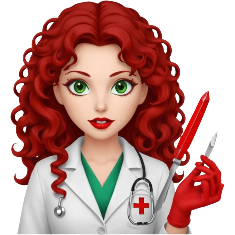 Lilith symbol sexy evil woman. She has green eyes.  had brown long curly hair.  evil surgeon kills with scalpel wears red sexy doctor coat with red mouth cover red gloves emoji
