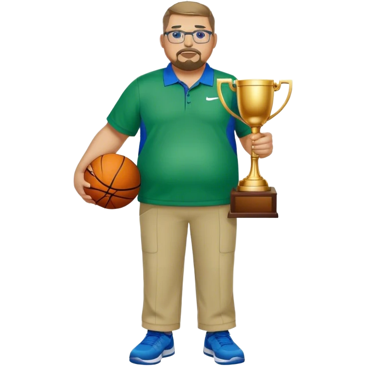  full body white obese male basketball coach with trophy. Goatee , Wearing glasses and blue and green nike polo shirt and khaki pants emoji