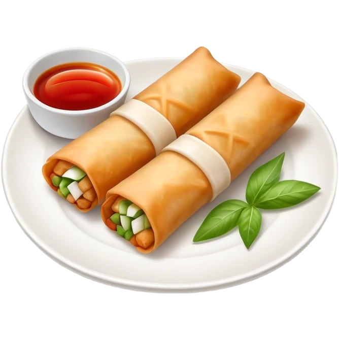 Spring Rolls Cinematic Realistic Spring Rolls Dish Emoji, depicted as 2 perfectly crisp spring rolls served with dipping sauce, rendered with lifelike textures and dynamic, appetizing lighting. emoji