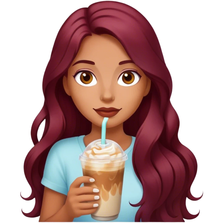 Burgundy long haired tanned girl with iced latte emoji