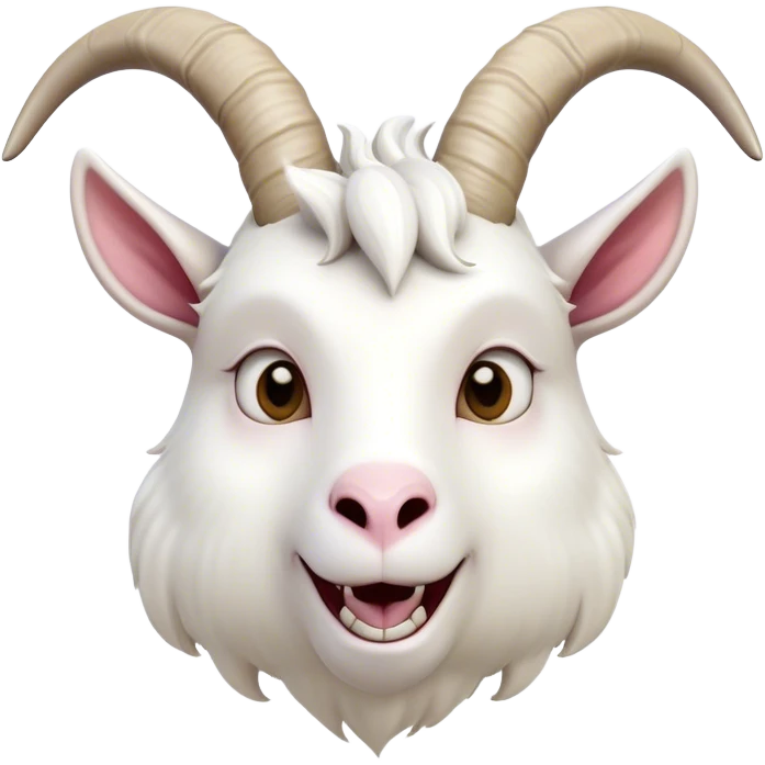 Cinematic Comical White Goat Portrait Emoji, Head tilted dramatically with an exaggeratedly amused expression, featuring a sleek white fur with a prominently quirky set of curved horns, wide, expressive eyes filled with playful disbelief, Simplified yet hilariously expressive features, highly detailed, glowing with a slightly sassy glow, high shine, dramatic yet playful, stylized with an air of cheeky mischief, bright and endearing, soft glowing outline, capturing the essence of a spirited and over-the-top goat, so meme-worthy it feels like it could side-eye its way into internet fame instantly! emoji