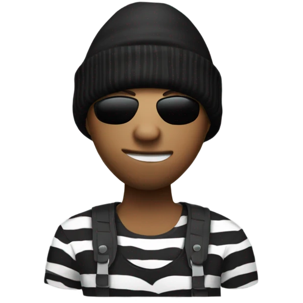 Robber with a money bag in his left hand with a zebra shaped shirt and black beanie emoji
