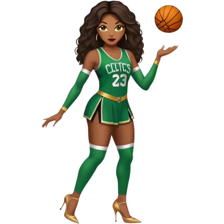 A 48-year-old black woman with brown eyes, long dark brown balayage hair dressed in sexy 
celtics jersey costume outfit and stilettos  emoji