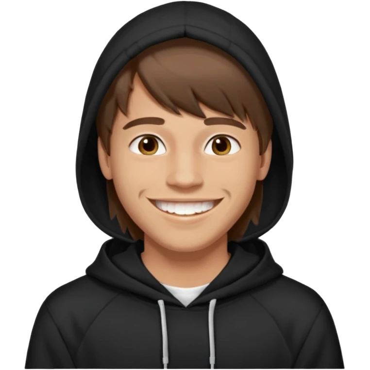 20 yr old man, brown hair, straight, big smile, white teeth, tanned skin, bangs, black hooded sweatshirt, long hair in back emoji