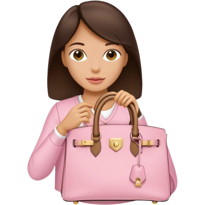 A brunette tan women holding a baby pink Birkin bag with gold hardware emoji
