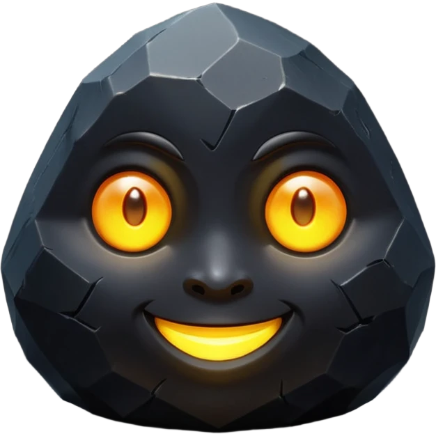 Single black obsidian rock character, thick and heavy with sharp facets and subtle reflections, carved cute face with glowing round eyes and a small smile, 3D render, high detail, soft backlighting, isolated on a plain dark background. emoji