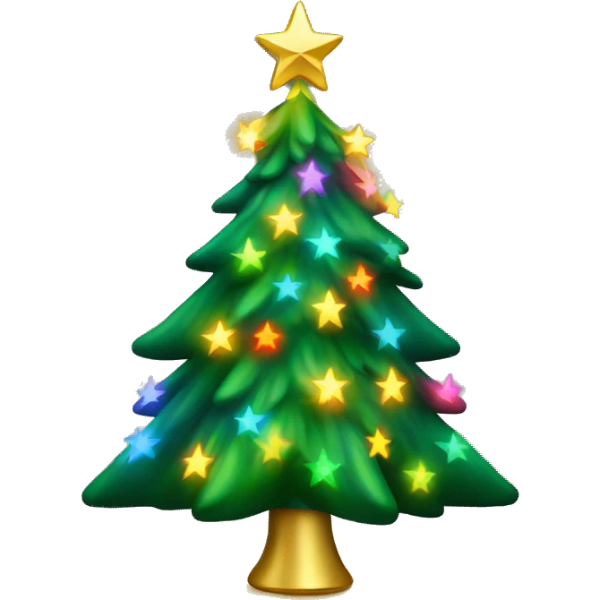 Green Christmas tree with rainbow lights and gold star on top emoji