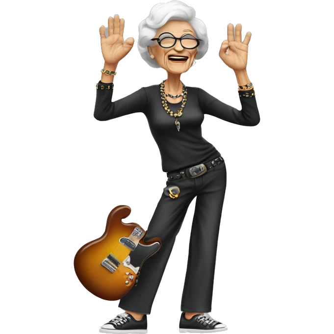 stylish rocker elderly woman making the rock’n’roll gesture emoji