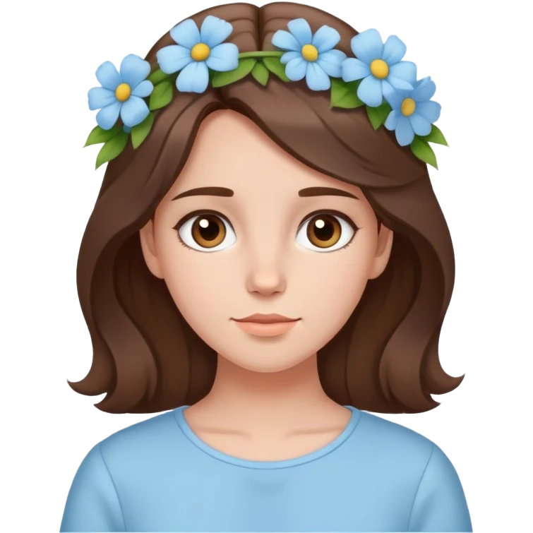 brunette girl with brown hair wearing pastel blue clothes with flowers in her hair emoji