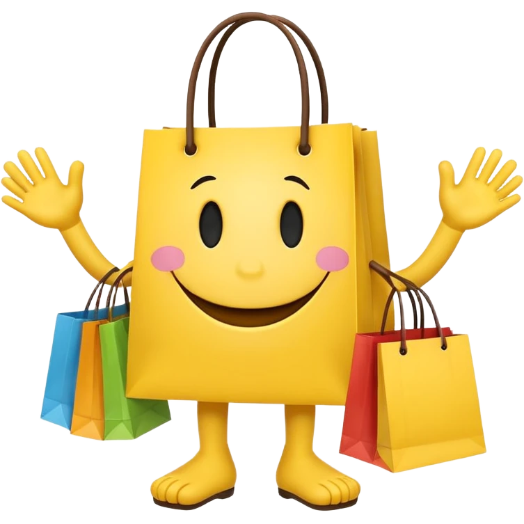 HAPPY SMILEY FACEWITH HANDS AND FEET EMOJI WITH SHOPPING BAGS IN EACH HAND emoji