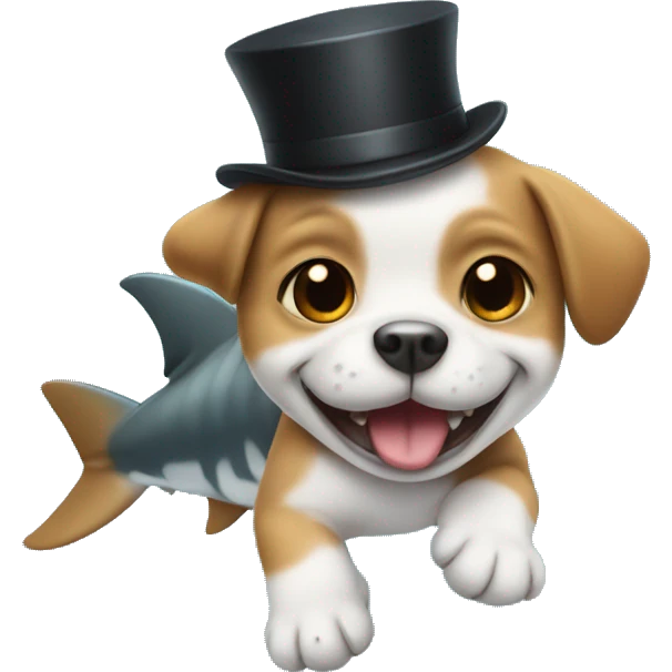 Puppy wearing a top hat riding a shark emoji