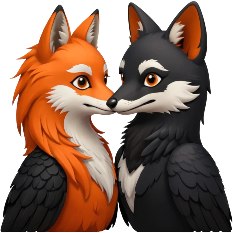 A female crow and a male fox kissing each other. emoji
