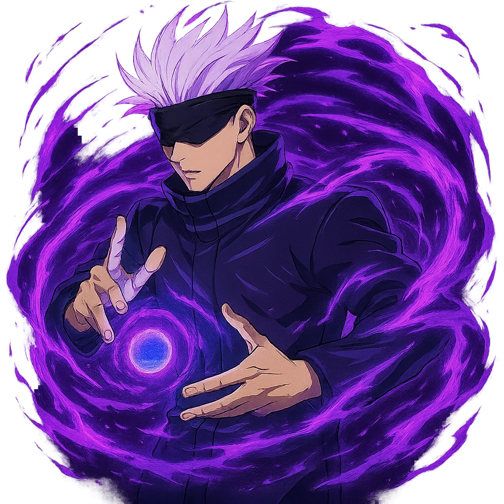 Add Hollow Purple effect with swirling purple and blue energy around Gojo Satoru, keeping his use of the infinity technique, in anime style, no background. emoji